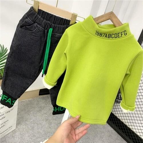 2PCS Kids Clothes Baby Boys Costume Letter Tracksuit Plush Velvet T-Shirt + Thicken Jeans Children Boy Winter Outfits Set 2-6Y