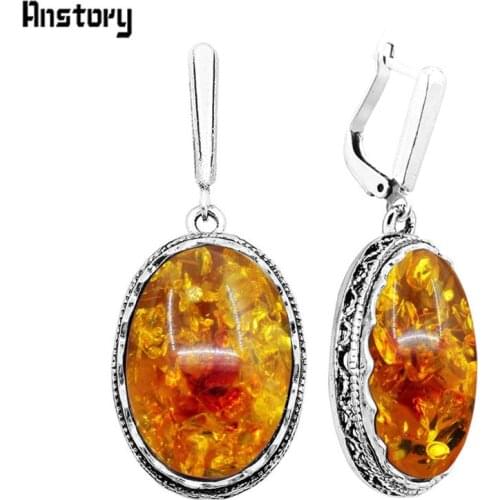 Big Oval Flower Simulated Ambers Earrings Antique Silver Plated Party Hollow Special Hook Fashion Jewelry TE357