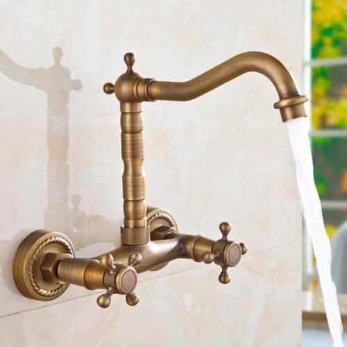 Antique Brass Kitchen Faucet Dual Cross Handles Wall Mounted Gold Hot&Cold Bathroom Kitchen Basin Sink swivel Faucet Mixer Tap