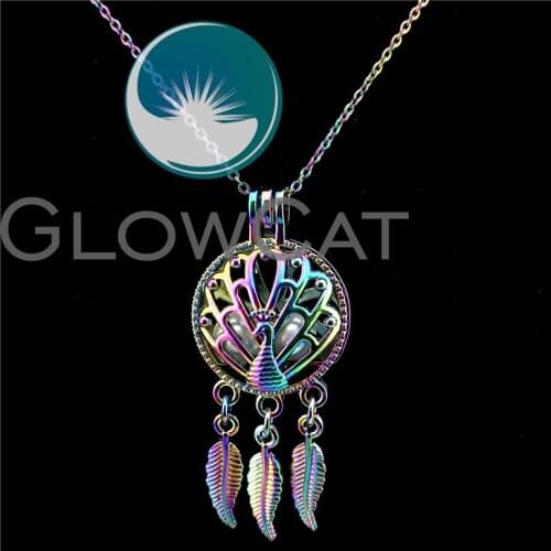 C728 Rainbow Colors Peacock Dream Catcher Beads Cage Essential Oil Diffuser Pearl Cage Locket Necklace Girl Friend Gift