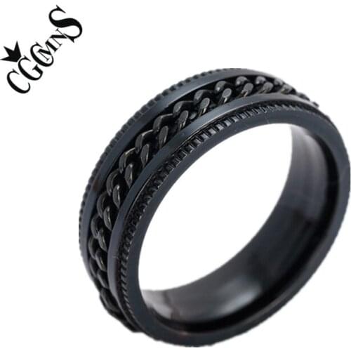Black HipHop Punk Rotable Chain Rings Gothic Titanium Stainless Steel Mens Ring For Gifts