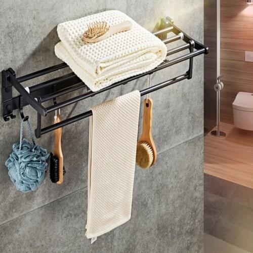 Matte Black Aluminum Folding Towel Shelf with Hook Bathroom Toilet Bathrobe Clothes Comb Hanging Storage Organizer Towel Rack