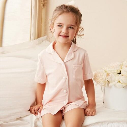 2 Color Summer Girls Turndown Collar Pajama Sets.Toddler Kids Shorts Sleeve Pyjamas Set.Girl Home Sleepwear.Childrens Clothing