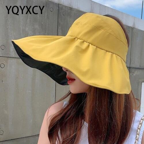 YQYXCY Summer Hats For Women Sun Uv Protection Foldable Sunshade Empty Top Black Wide Brim Beach Hat Outdoor Sunhat Visor New
