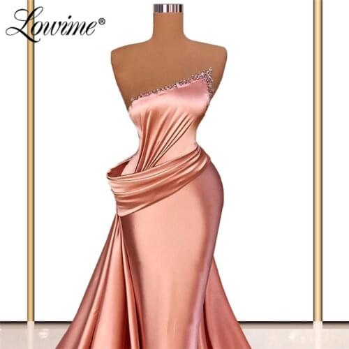 Lowime Pink Mermaid Formal Arabic Evening Dresses Long Pleats Custom Made Wedding Party Dress Vestidos Prom Dresses Robes Plus
