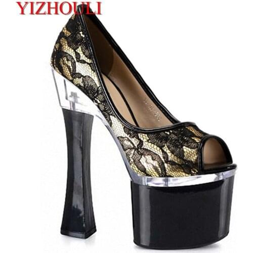17-18 cm square heel fishmouth model runway shoes, net cloth vamp pole dance performance single shoes