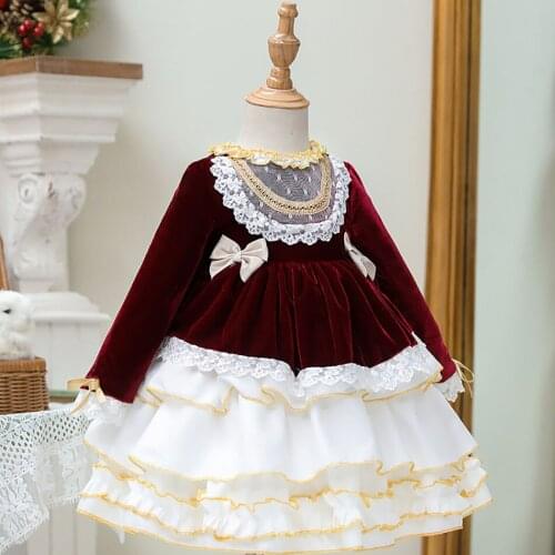 Baby Girl Lolita Style Autumn Winter Green Red Velvet Vintage Spanish Pompom Ball Princess Lolita Dress for Christmas Birthday