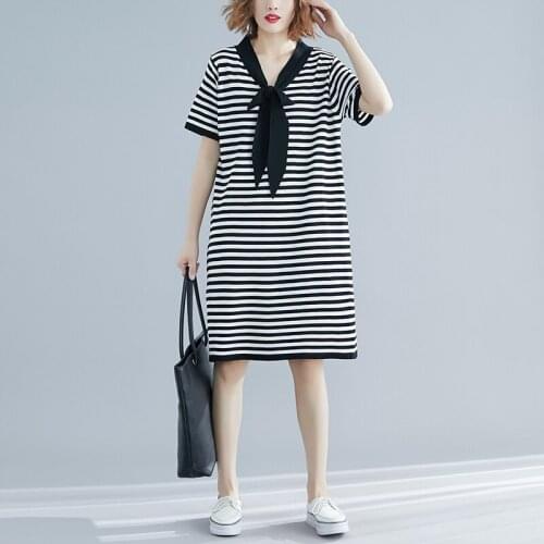 Striped Cotton Women Dresses 2021 Summer New Bow Neck Straight Knee-Length Loose Female Dresses