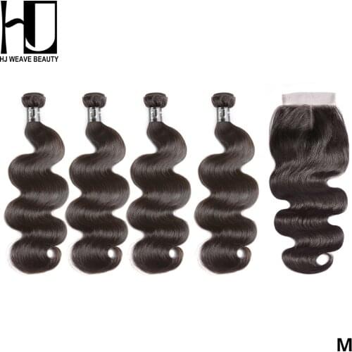 HJ Weave Beauty 7A Malaysian Body Wave Human Hair Bundles With Closure Natural Color Remy Hair Free Shipping