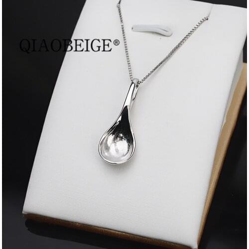 QIAOBEIGE spoon chinese style 925 pure silver white color pendant finding 12-13-14mm round pearl bead accessory blanks