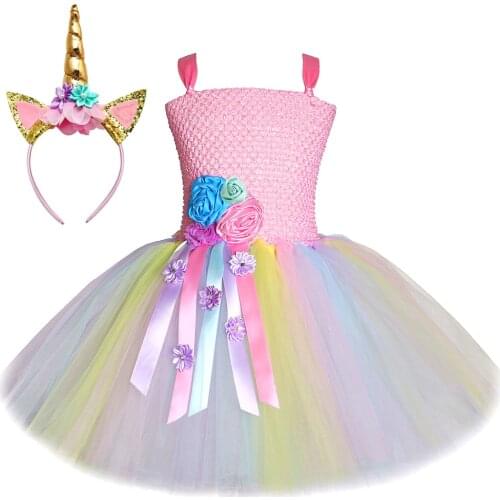 Pink Pastel Flower Girl Unicorn Dress Kids Tutu Costume Outfit for Halloween Birthday Party Princess Dresses with Horns Headband
