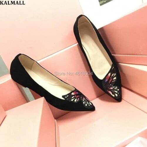 KALMALL Women Ballet Flats Embroidered Wings Pointed Toe Loafers Slip-on Flat Shoes Black Pink Mules Ballerina Casual Shoes