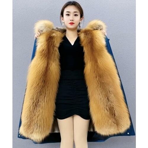 Fur Parkas Women Genuine Muskrat Fur Coat Winter Long Hooded Warm Red Fox Fur Coat Female Coats