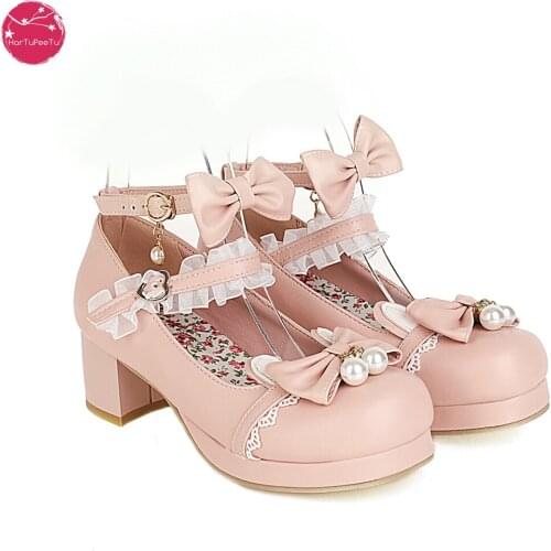 Women Lolita Cosplay Shoes with Cute Ears Peals Cross Strap Block Heel Mary Jane Lace Pumps 2021 Spring Summer Autumn New