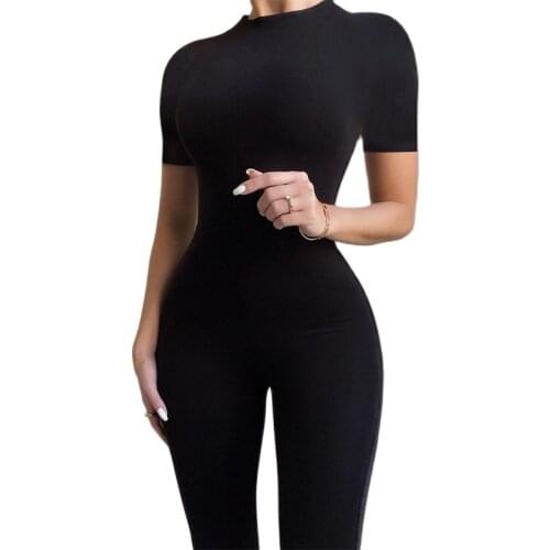 Solid Womens Short Sleeve Jumpsuit O Neck Tights Tight Sexy Streetwear Casual Sports 2021 Summer Gym Jumpsuit