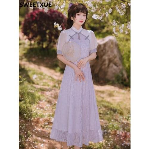 SWEETXUE Hanfu Women Summer Improved Retro Gentle Romantic Purple Dress Sweet Female Vestidos Robe Femme