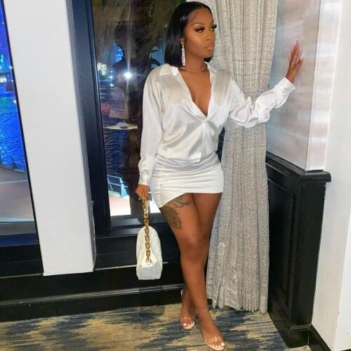 Lapel V Neck Long Sleeve Blouse Sexy Mini Dress Office Ladies Basic Ruched Short Dress Night Party Solid Elegant Pleated Dress