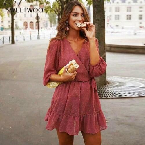 2021 Summer Women Ruffles Lace Chiffon Dress Boho Mini Beach Dress Three Quarter Sleeve Ladies Party Dresses Vestido