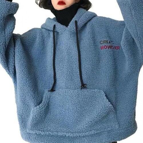 Winter Fashion Letter Embroidered Harajuku Womens Hoodie Warm Fake Two Casual Loose Tops Sweatshirt