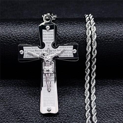 2021 Double Cross Stainless Steel Christian Cross Bible Chain Necklaces Women/Men Silver Color Necklace Jewelry NXS05