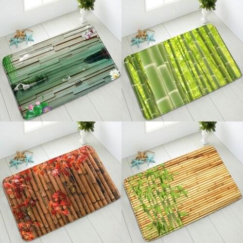 3D Bamboo Bathroom Non-Slip Mat Retro Wood Plank Green Forest Color Flower Bedroom Kitchen Doormat Rug Absorbent Carpet Washable