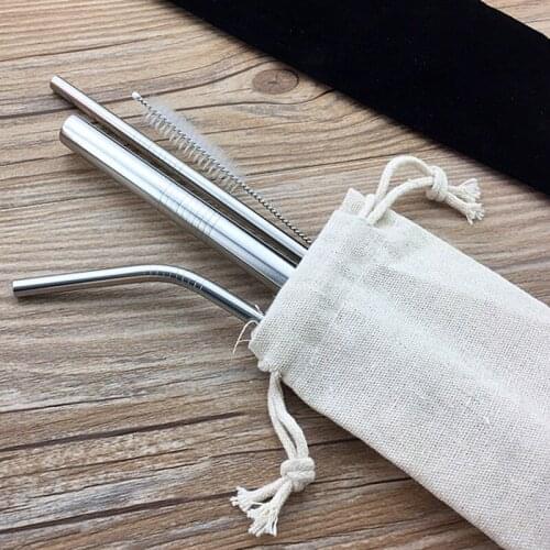 4Pcs/Set Reusable Stainless Drinking Straws Bent Straight Drinks Straw and Cleaning Brush Bar Party Accessory {Cloth bag style