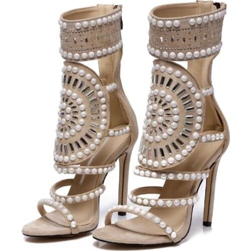 Women Fashion Open Toe Rhinestone Design High Heel Sandals Crystal Ankle Wrap Glitter Diamond Gladiator Black Size 35-42