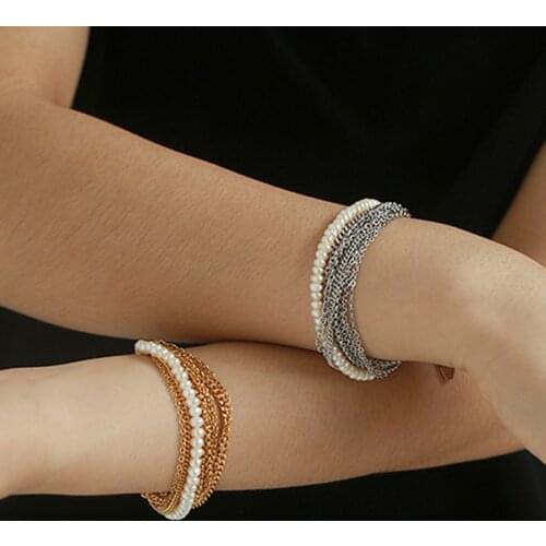 Real Pearl multilayered chain bracelet bangle for women chunky bracelets stackable unique unusual jewelry trendy women jewelry