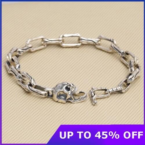Pure Silver Sterling skeleton Bracelet 100% 925 Silver Fashion Jewelry Retro Thai Silver Mens Skull Buckle S925 Bracelet Gifts