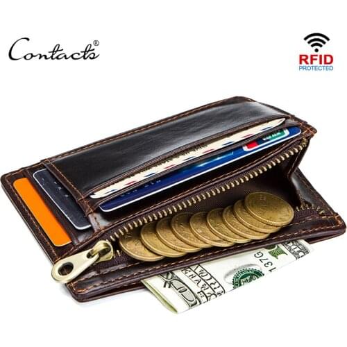 CONTACTS crazy horse cowhide leather RFID men card wallet mini card holder with coin pocket mens small thin walet slim wallets