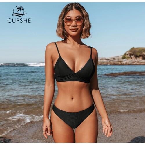 CUPSHE Ribbed Black Triangle Bikini Sets Swimsuit For Women Sexy Low Waist Two Pieces Swimwear 2021 Summer Beach Bathing Suits