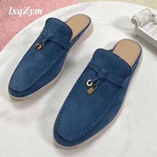 Design Kid Suede Mule Slippers Shoes Women Flat Slippers Round Toe Metal Lock Deco Loafers Female Flat Slippers Shoes