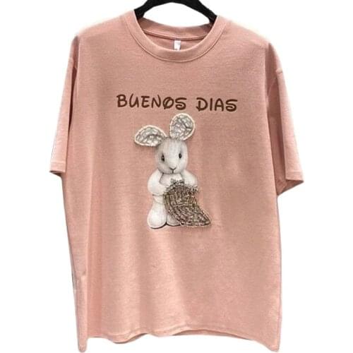 ZuoLunOuBa Summer Sanding Pure Cotton Fashion Women T Shirt Beaded Diamond White Hat Rabbit Tees Loose Harajuku Tops Female