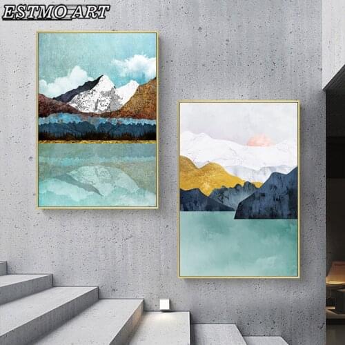 Mountain and Water Landscape Painting Abstract Art Blue Gold Luxury Poster Canvas Printing Wall Arti Home Decoration Picture
