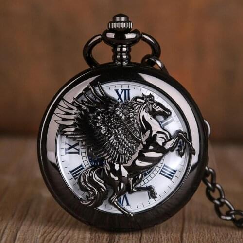 5pcs Fantasy Pegasus Horse Mechanical Pocket Watch Hollow Steampunk Pocket Watches Skeleton Fob Chains Watches for Men Women