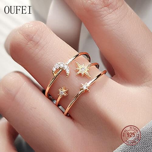 Multilayer Ring Women 925 Sterling Silver Open Ring Moon Stars Zircon Fashion Simple Rings Charm Jewelry Gift Accessories