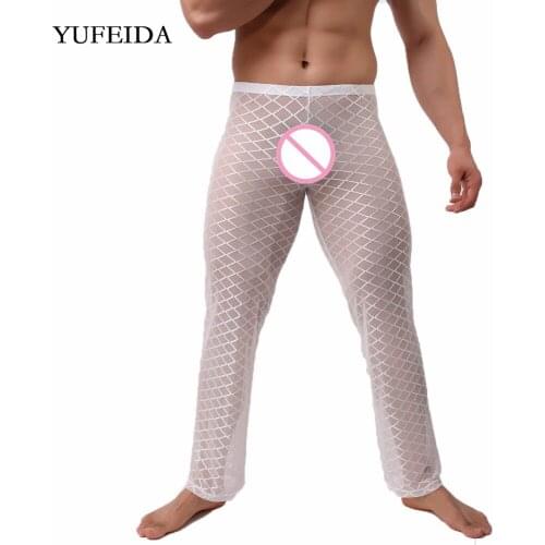 Men Underwear Pants Mesh See Through Long Johns Breathable Loose Trousers Transparent Sleep Bottoms Pajama Pants Gay Sleep Pants