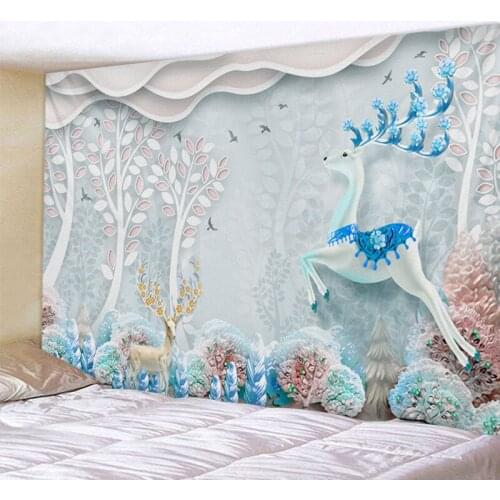 Cartoon Forest Elk Landscape Tapestry Boho Mandala Wall Hanging Royal Blue 3D Hippie Wall Tapestry Home Decor Mint Yoga Mat