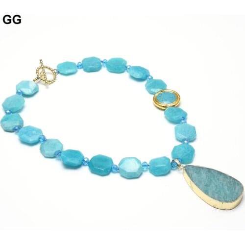 GG Jewelry Natural Green Amazonite Turquoises Chunky Faceted Slice Chocker Necklace Gold Plated Amazonites Pendant For Women