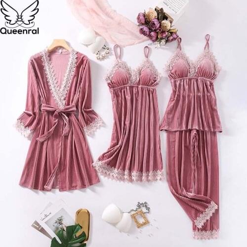 Queenral 4PCS Pajamas Set For Women Sleepwear Warm Winter Nightwear Pyjama Gold Velvet Home suit Sleeveless Pijama