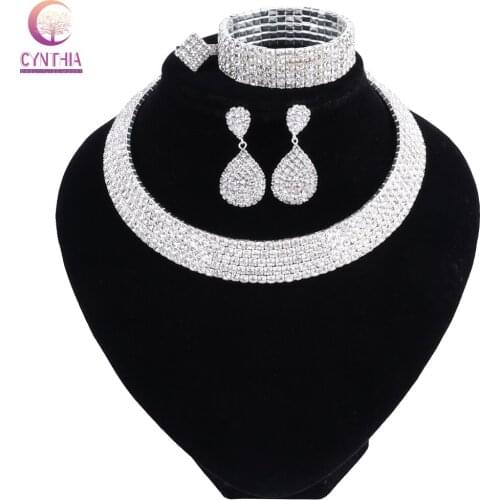 Silver Color Jewelry Sets Crystal Necklace Bracelet Earrings Ring Jewelry Accessories African Beads Jewelry Set for Women