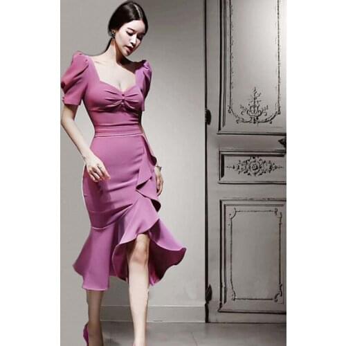 Women Big Size Sheer Sexy Party Dress Autumn Winter 2020 Short Sleeve Wrap Ruffle Dress Ladies Streetwear Purple Dress Fashion