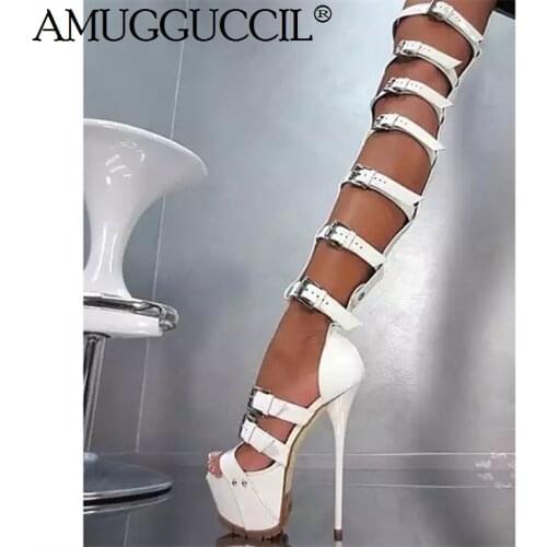 2020 New Plus Big Size 35-47 White Buckle Fashion Sexy High Heel Platform Summer Female Lady Women Gladiator Sandals L1034