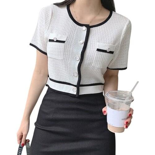 Womens t-Shirts Hollow Round Neck TShirt Fragrant Temperament Button Short-Sleeved Female Tops Knitted Lady Cardigan