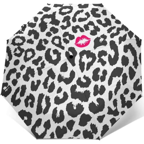 Wind Resistant Folding Automatic Umbrella Women Auto Leopard Texture With Kiss Print Windproof Umbrellas Rain For Men Parasol