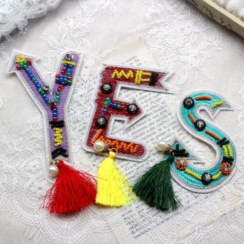1Set/lot Colorful YES Letter Embroidery Tassel Applique Handmade Bead Adhesive Patch Sticker DIY Clothes Accessories A103