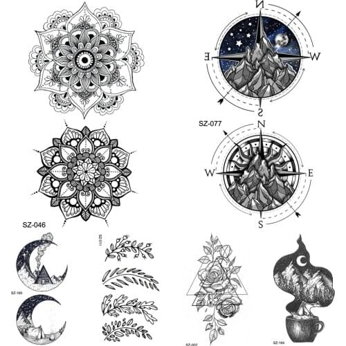 Black Henna Flora Temporary Tattoo Mandala Compass Arm Stickers Women Body Art Fake Tattoo Men Ankle Hill Waterproof Tattoo Moon
