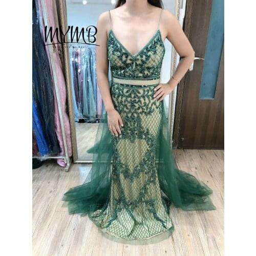 Spaghetti Strap Designer Evening Dress MYMB Beautiful Green Mermaid Dress With Removable Skirt MY21105