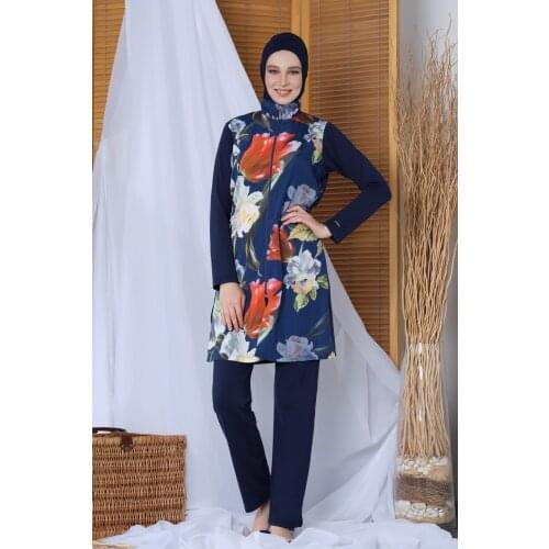 Womens Long Sleeve Flower Print Pants Hijab Swimwear 20182 Navy Blue