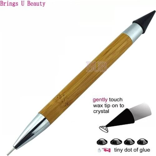 Dual-ended Wax Nail Rhinestone Picker Dotting Pen Pencil Bamboo Handle Gem Pick Up Applicator Tool Self-Adhesive Dot Head Tips